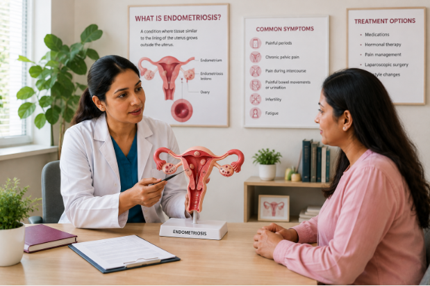 Illustration of endometriosis affecting female reproductive organs