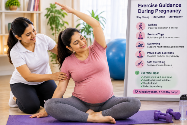 Pregnant woman performing safe pregnancy exercises under expert guidance