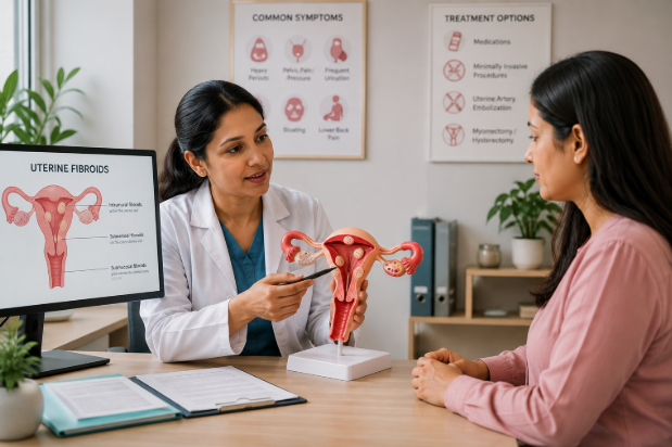 Illustration of uterine fibroids in the uterus